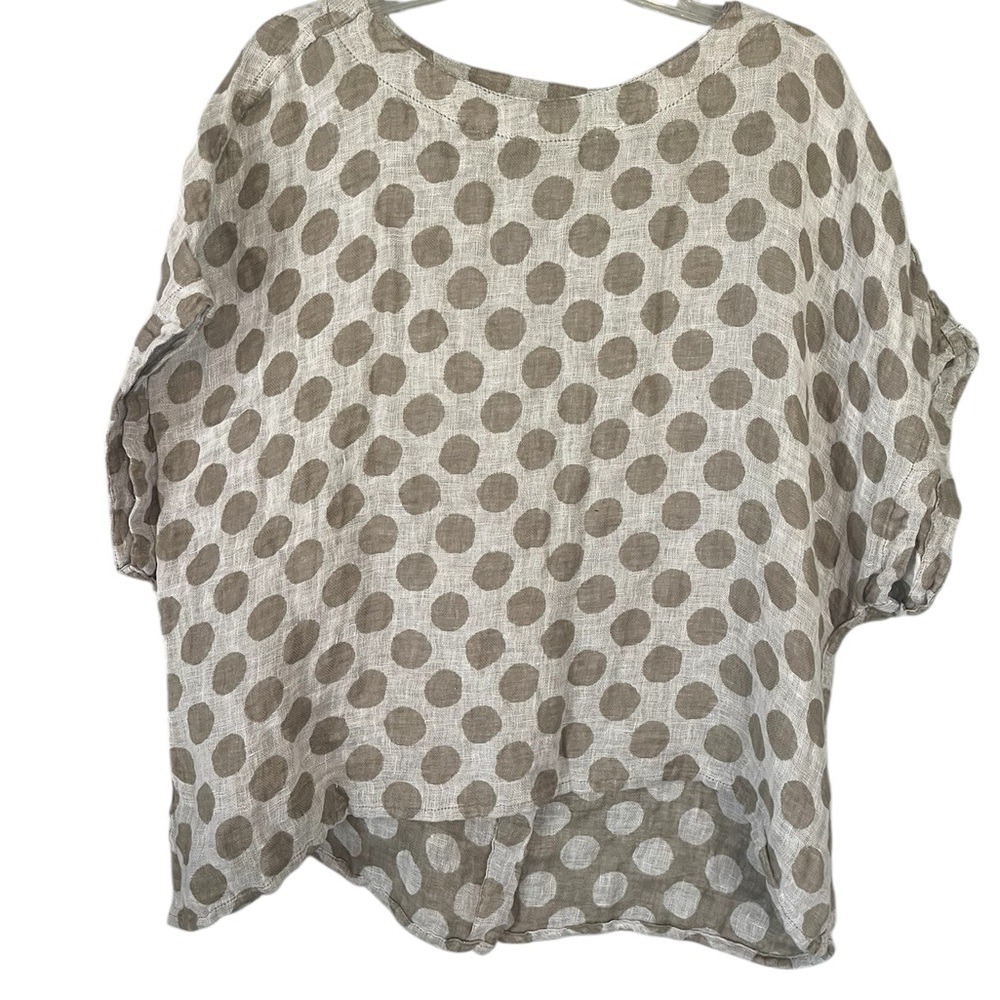 FLAX Medium Woven 100% Linen Top Polka Dot Boxy Relaxed White Gray Overlay Back